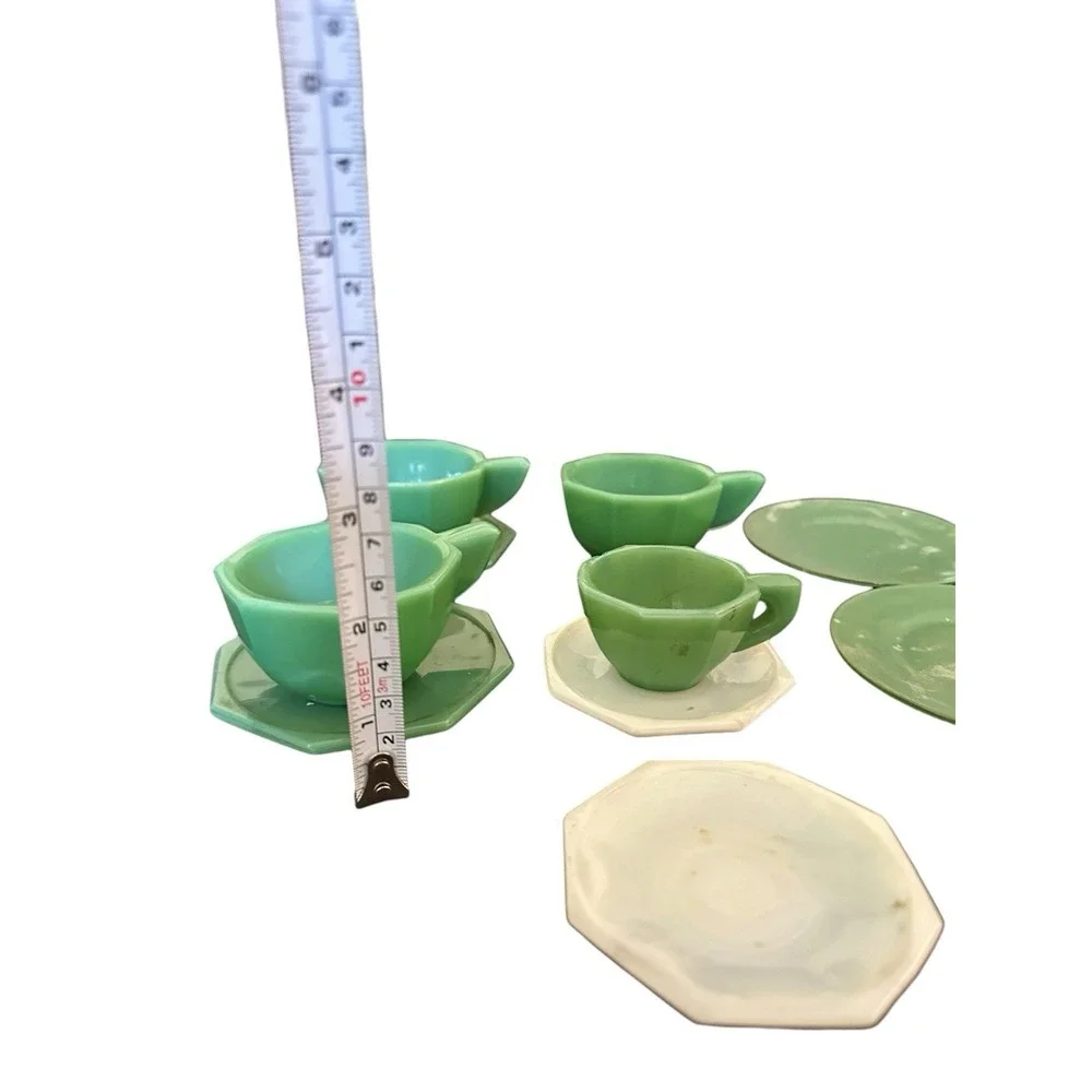 Vintage Jadeite Akro Agate JP Octagonal Child's Tea Set Accessories Cup Plate 12